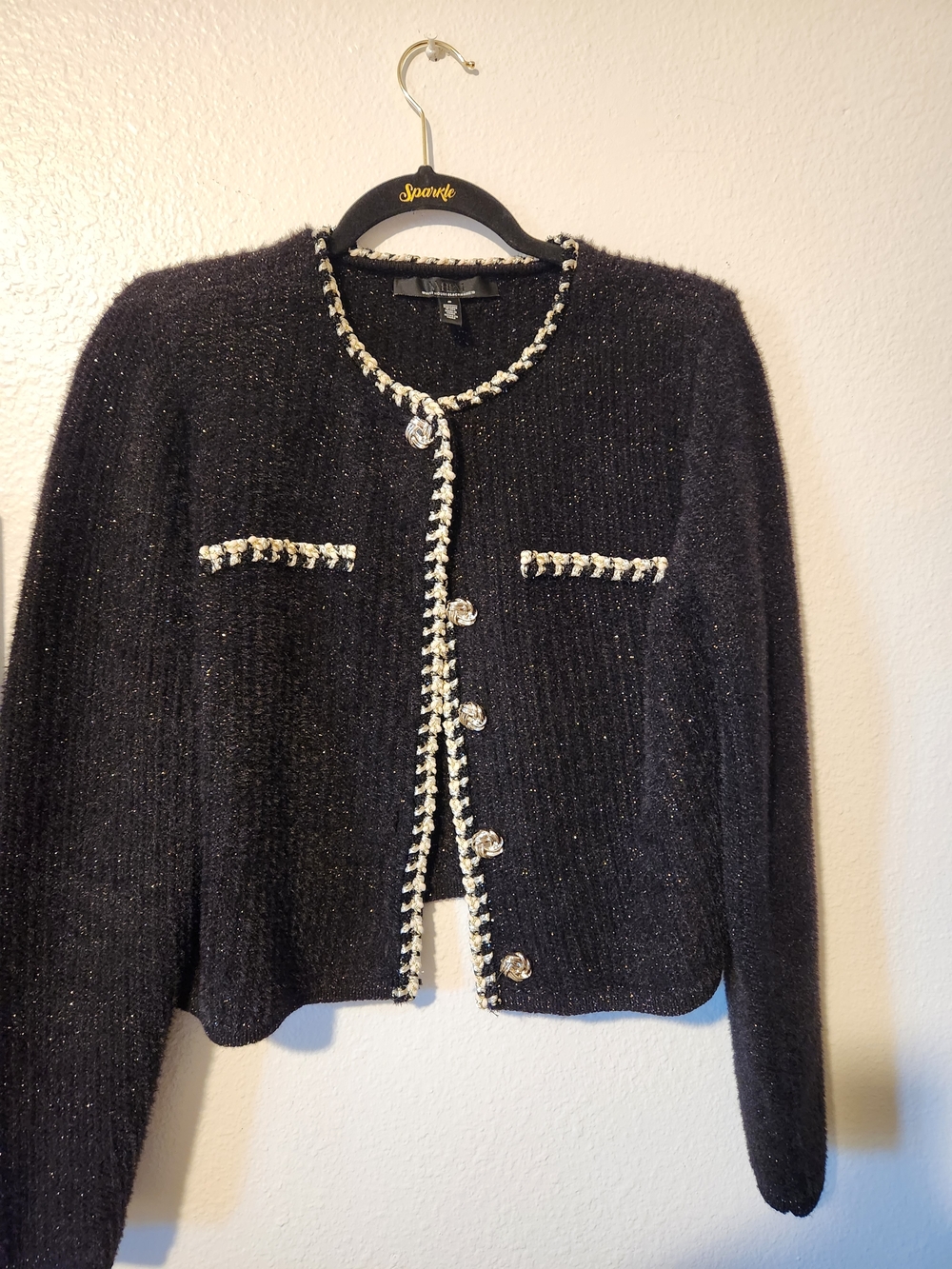 White House Black Market Black Knit Cardigan with Cream & Gold Chain Trim